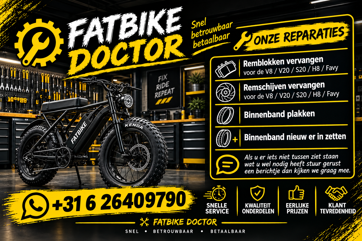 Fatbike Doctor poster met zwarte fatbike in werkplaats